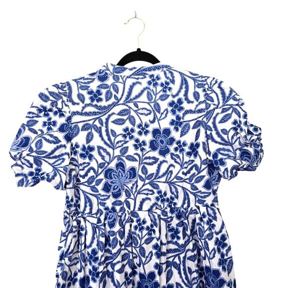 NWOT  Blue Floral Mini Dress Sz L 100% Cotton Tiered Puff Sleeve Prairie Boho - Picture 6 of 8